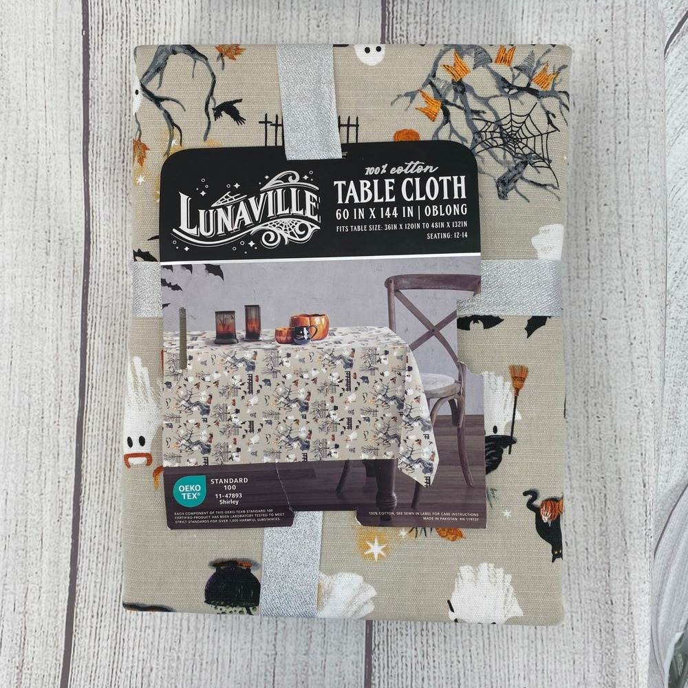 Lunaville Halloween Tablecloth 60x144 Oblong Tan Ghost Cat Pumpkin Cotton